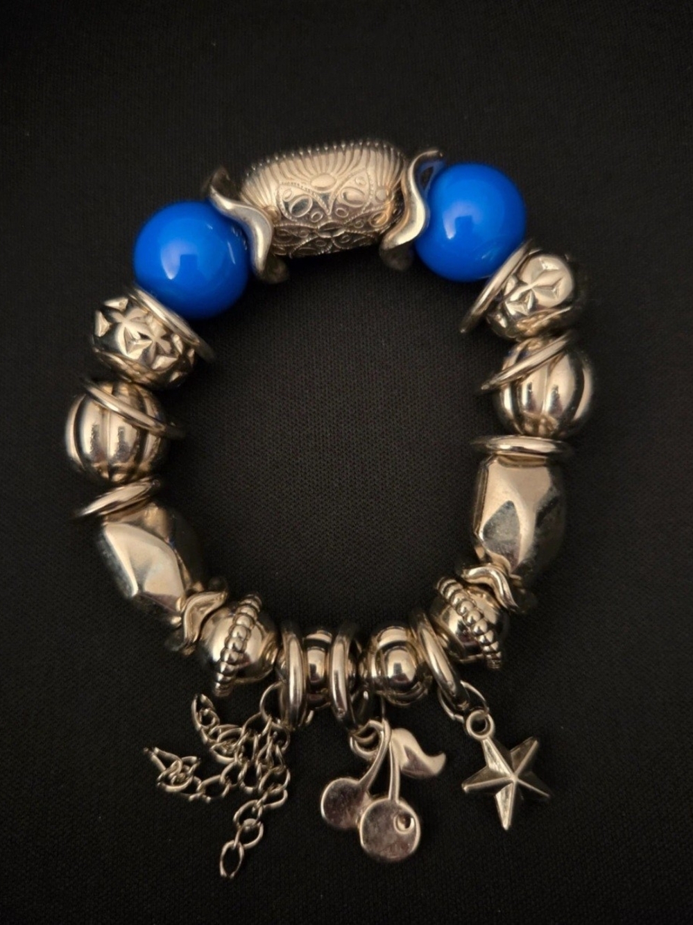 Blue Charm Beaded Silver Strechable Bracelet - Women's Jewelry